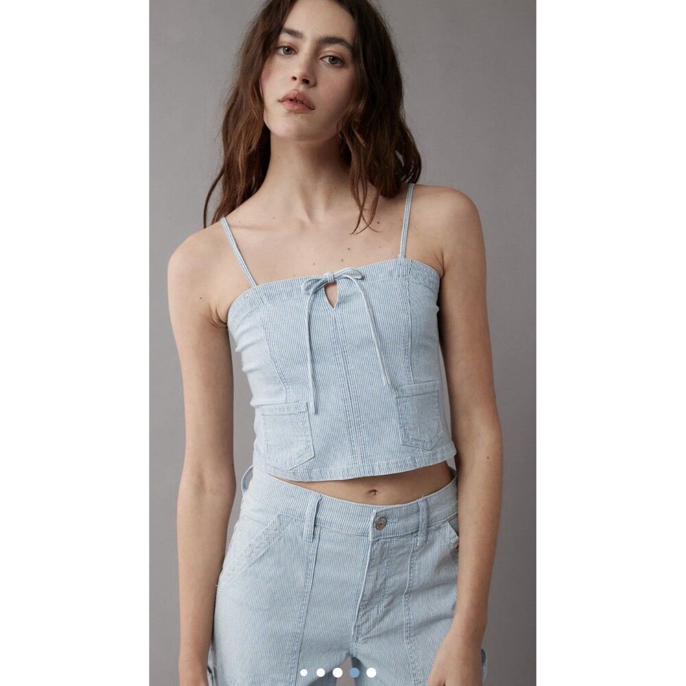 American Eagle Summer Denim Railroad Blue Stripe Spaghetti Strap Crop Top,  Sz S